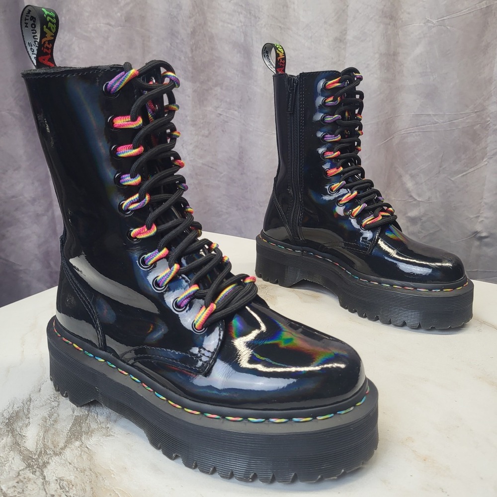 Dr. Martens Jadon Hi Rainbow Black Patent Leather Size 7 Women's
